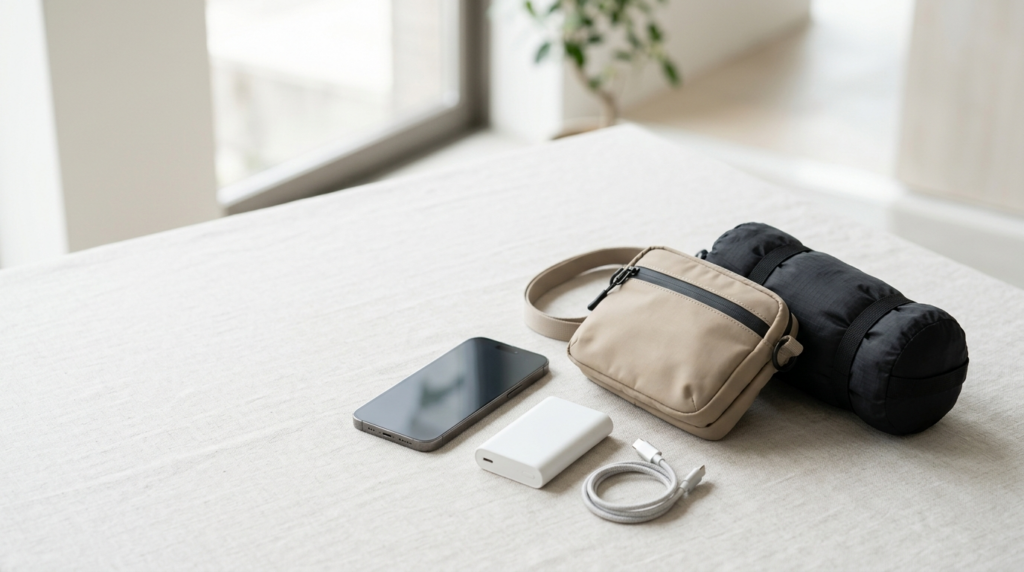 イベントに持ち込むためのコンパクトで軽量なアイテム、スマートフォン、モバイルバッテリー、小さいバッグ、圧縮袋