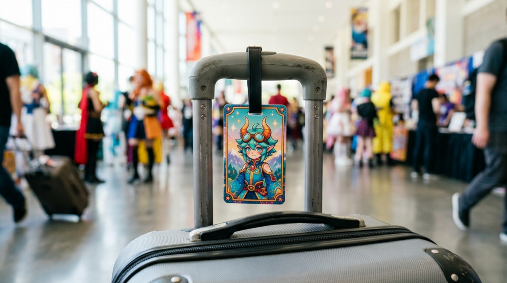 コスプレイベントでスーツケースに取り付けられた、個性的なキャラクターが描かれたカラフルな荷物タグ