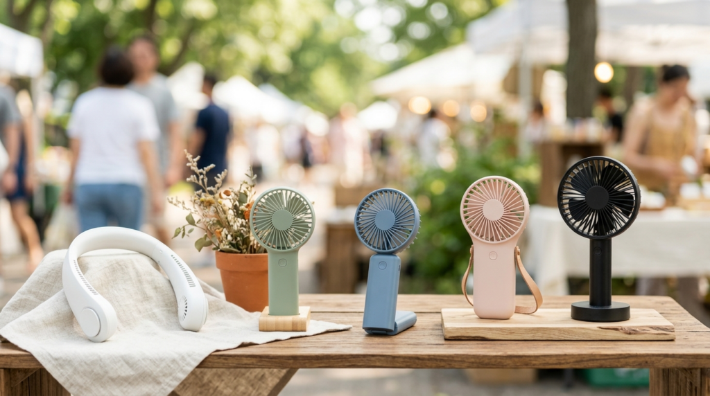 夏のイベントで展示されている様々なポータブルファン