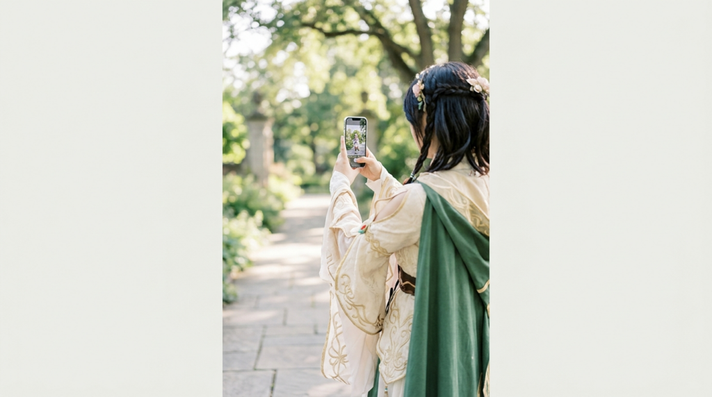 スマートフォンでポートレートモードを使用し、自然光の中でコスプレキャラクターを撮影している様子