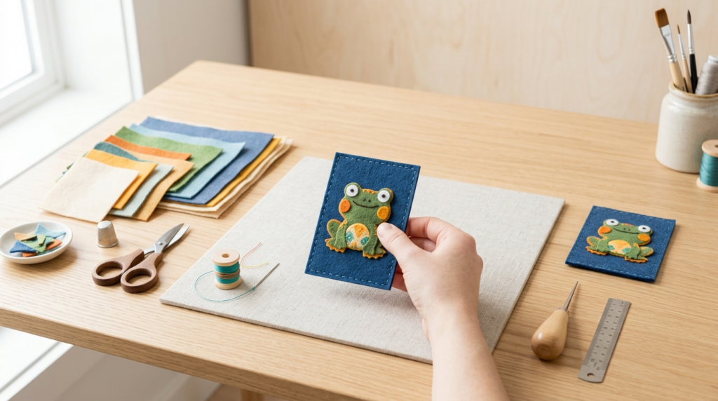 フェルトトレカの作成風景、カラフルなフェルトのピースとカットツール