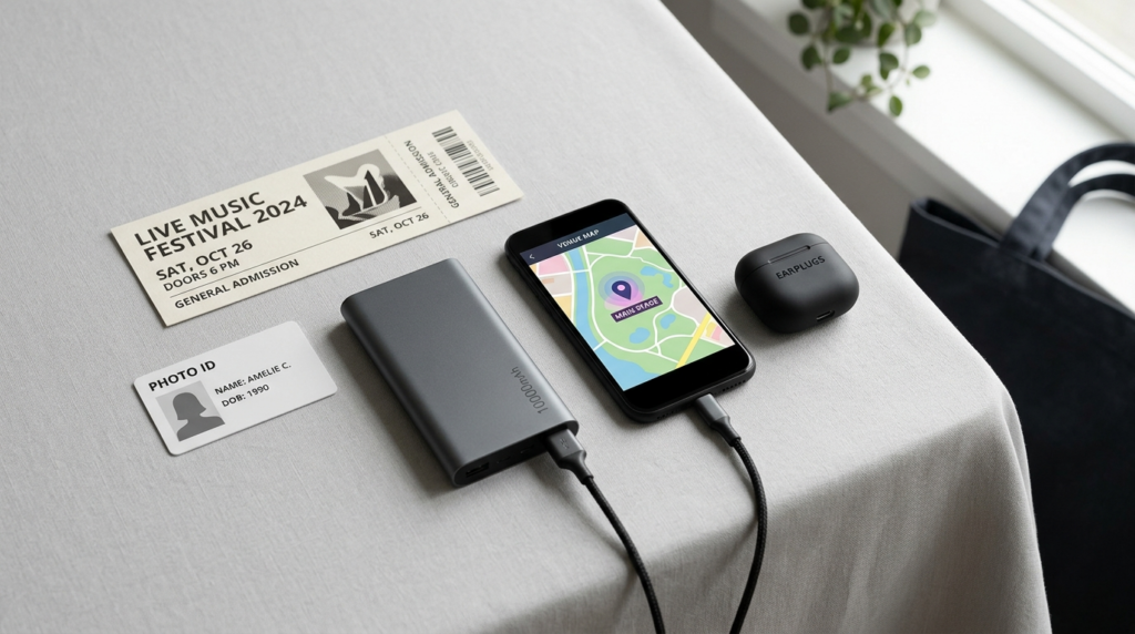 ライブの必需品リスト:チケット、身分証、地図アプリのあるスマートフォン、モバイルバッテリー
