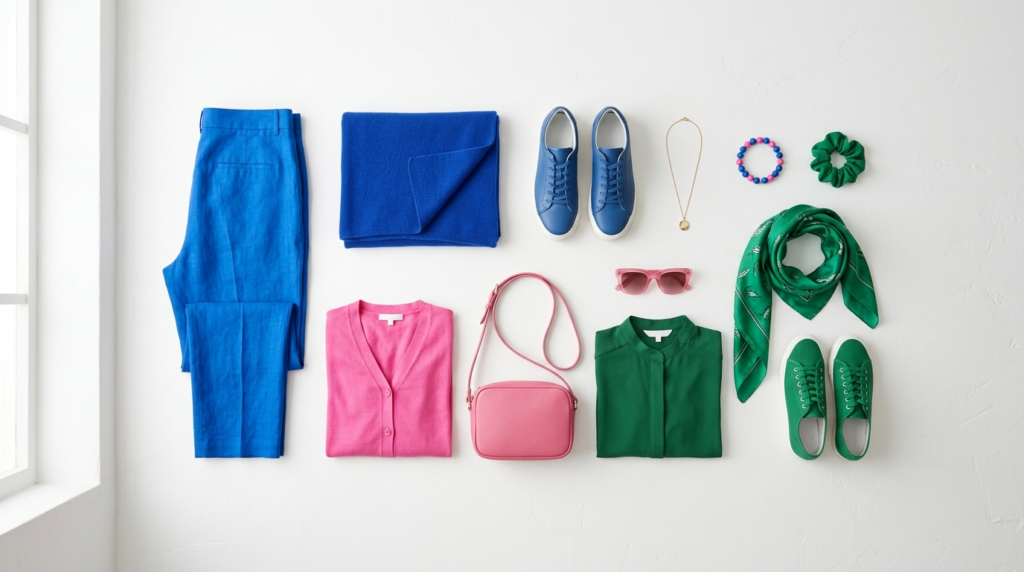 ブルー、ピンク、グリーンの服飾アイテムが整然と並べられている