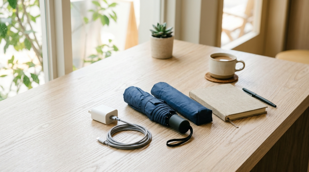 スマートフォン充電器、旅行必需品、雨防止の折りたたみ傘が机の上に置かれている